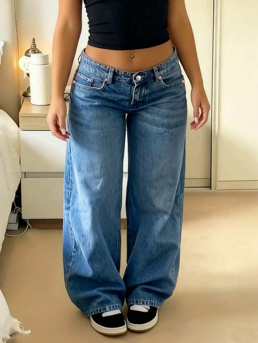 MYOURSA Jeans de pierna ancha y cintura baja holgados para mujer, estilo vintage desgastado de streetwear Y2K y estilo casual de campus para primavera - Azul lavado medio - Ver 1