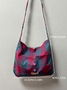 时尚百搭格子大容量纽扣简约复古少女文艺单肩手提包，韩日小众设计 - 彩色 - 查看 5