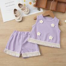 2pcs/Set Girls 3-7Y Sleeveless Top & Shorts Set, 3D Flower & Tassel Decor, Waffle Knit, Sweet Summer Outfit - Lilac Purple - View 12