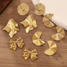 5对混搭欧美夸张时尚金属3D蝴蝶结耳环，圆形光滑，方形不对称耳钉，2025冬季畅销奢华简约个性化高端设计耳环套装（无盒）