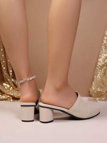 女士时尚露跟尖头粗跟套脚凉鞋 - 米色 - 查看 5