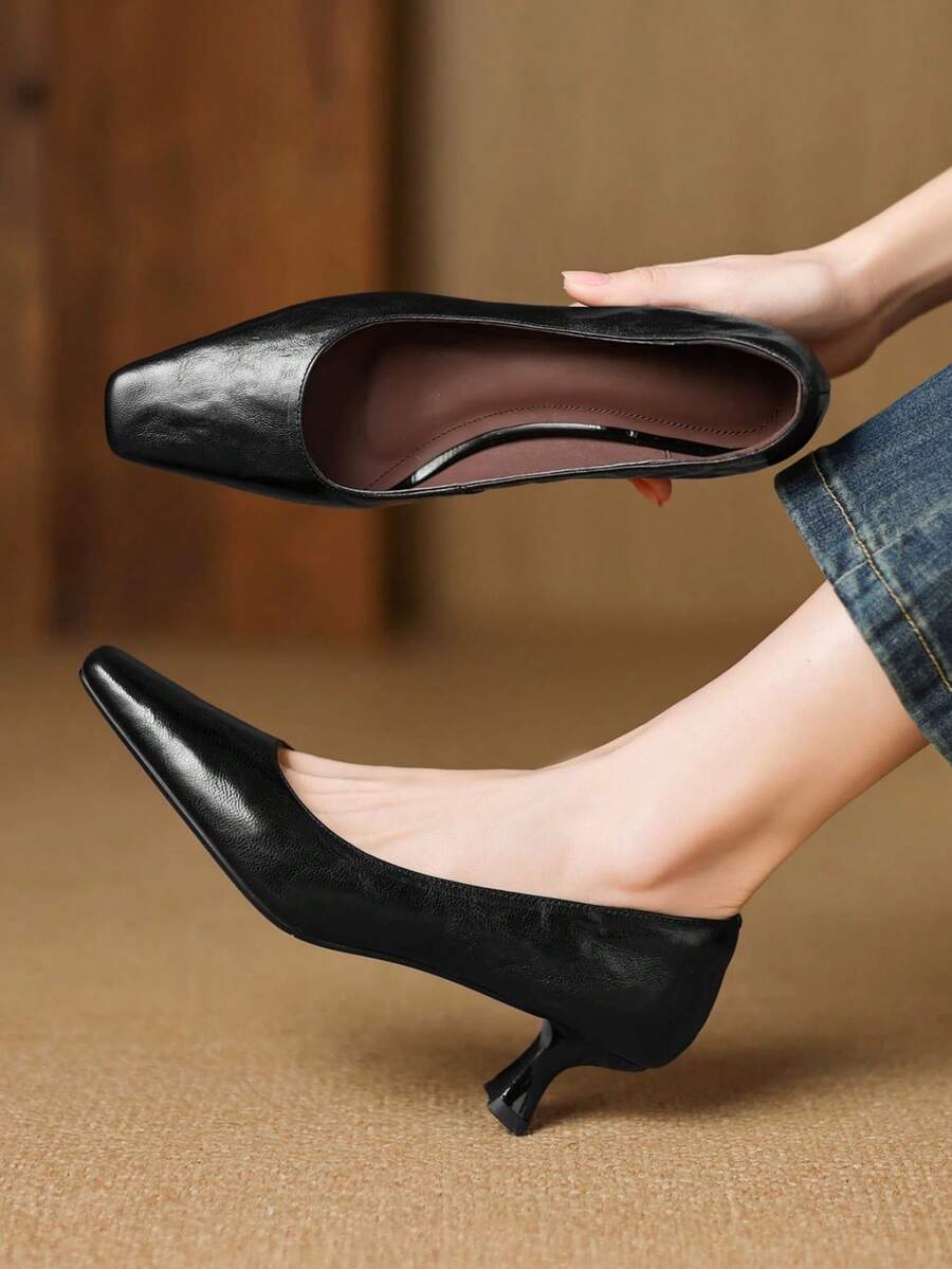 法式方头浅口细跟高跟鞋，简约高端通勤女鞋，优雅真皮高跟鞋，春秋季 - 黑色 - 查看 1