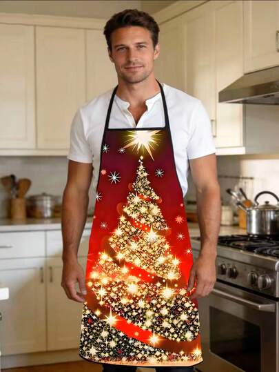 1 pièce Grand tablier de Nouvel An - Tablier de cuisine pour les fêtes, imprimé avec un décor d'arbre de Nouvel An sacré brillant - Tablier de cuisson et de pâtisserie en polyester durable, convient pour la cuisson et la décoration des biscuits de Nouvel An - Cadeau de Nouvel An idéal, unisexe, essentiel pour le chef à la maison - Vêtement décoratif de fête facile à nettoyer, design amusant, couture de qualité