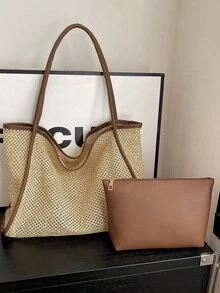 2pcs Spring Straw Large Capacity Handbags, 2026 New Fashion Tote Shoulder Bags, For Travel And Outing - Coffee - View 1