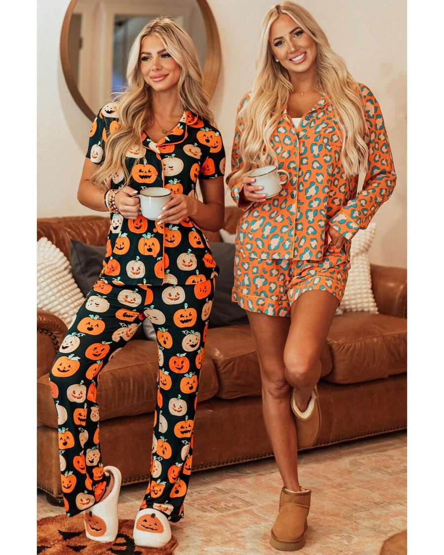 Orange Halloween Pattern Short Sleeve Shirt Pajama Set Women Sleepwear