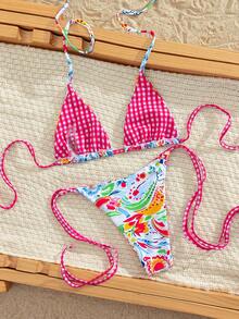 Sultry Sol Bộ bikini hai mảnh mùa hè dành cho nữ, áo cổ yếm phối màu tương phản tươi mát kết hợp với quần bơi buộc dây bên hông, gợi cảm và quyến rũ, phù hợp cho phái nữ, đồ bơi thời trang cho kỳ nghỉ, tiệc bể bơi. - Nhiều màu - Xem 6