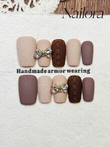 10pcs Handmade Nails Square Nails Acrylic Press On Nails Medium, Gentle Brown Nails, Sugar Nails, Matte Sweater Nails Nail Sugar, Nail Charms 3D Large Bow Inlaid, Textured Nails Simple Elegant Luxury Winter Nails, Minimalist Aesthetic Fall Press On Nail, Wintry Manicure DIY False Nail Art Party Daily & Dating Suitable Use In Work Setting Reusable, For Women & Girls As Gift Nail Supplies - Brown - View 11