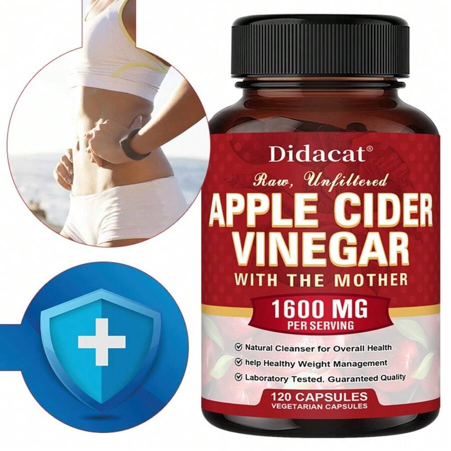 Didacat Apple Cider Vinegar 1600 Mg Dietary Supplement - Supports Digestive Health, Healthy Weight Management, Suitable For Both Men And Women - 120 Capsules - 1瓶 - 查看 1