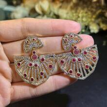 1 Pair Bright Copper Zirconia Pendant Stud Earrings, Suitable For Party/Summer Date Outfit - Fan Cloud Pattern - View 9
