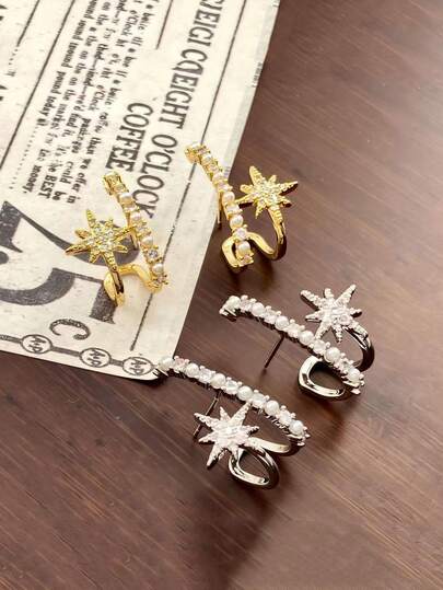 1 Pair Elegant High-Quality Pearl Starburst 925 Sterling Silver Stud Earrings, Fashionable Everyday Wear Cubic Zirconia Jewelry Gift For Women