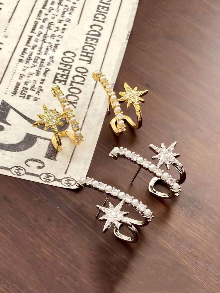 1 Pair Elegant High-Quality Pearl Starburst 925 Sterling Silver Stud Earrings, Fashionable Everyday Wear Cubic Zirconia Jewelry Gift For Women - Earrings - View 1