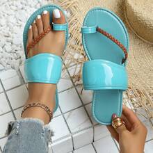 2026 New Turquoise Green Woven Flat Sandals, Glossy Thong Slippers, Minimalist Summer Beach & Daily Comfortable Shoes - Baby Blue - View 14