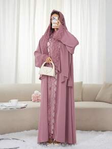 1 套头巾 + 开放式阿巴亚伊斯兰中长连衣裙，土耳其迪拜阿巴亚长袍带头巾，适合穆斯林女性日常穿着 - 彩色 - 查看 16