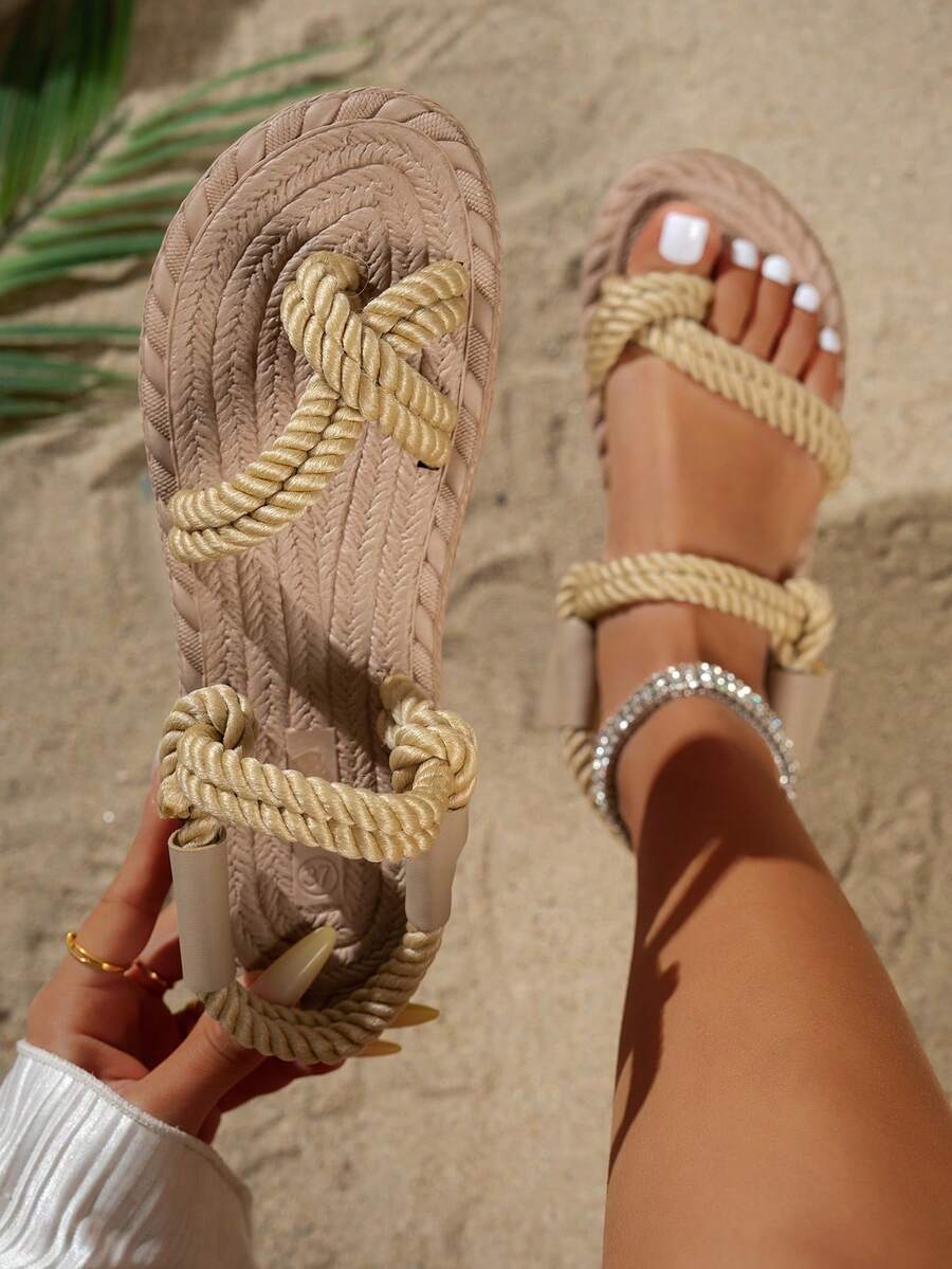 新款时尚露趾平底拖鞋，舒适防滑百搭沙滩凉鞋，适合日常穿着 - 米色 - 查看 1