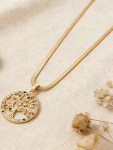 1件装奢华金色圆形生命之树吊坠项链，优雅风格珠宝，女士礼物，适合派对、日常佩戴（OPP袋包装） - 彩色 - 查看 2