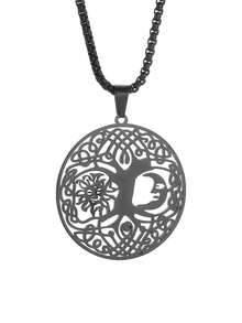 1PC New Casual Fashion Tree Of Life Pendant Necklace, Hollow Design, Sun And Moon Cartoon Pattern, Men's Classic High-Quality Stainless Steel Jewelry Accessories, Ideal Holiday Gift - Fashion - View 11
