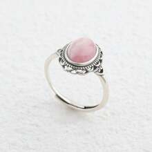 天然宝石925银戒指，复古花卉设计，可调节戒圈，9x7毫米椭圆形宝石，可选石种：紫云石/菱锰矿/彼得石，波西米亚风格珠宝，承诺礼物 - 銀色 - 查看 8