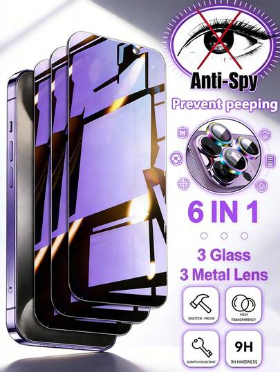 【六合一】3片紫色防窥屏保护膜 + 3片彩色金属鹰眼镜片，兼容 13、14、15、16、17、16 Plus、17 Air等机型，防刮、防水、防摔、边缘坚固耐用、经久耐用、电镀防油层、防震缓冲、疏水疏油、隐私保护、紫色防窥、表面光滑、防刮膜、智能手机配件、注重隐私的买家、智能手机用户、智能手机配件套装