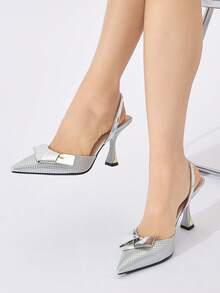 Sapatos de Salto Alto Bico Fino Femininos com Decoração de Laço, Design Sem Parte Traseira de Cor Sólida, Elegante e Confortável para Festa, Banquete, Noite, Baile, Vestido, Casual, Encontro, Presente de Aniversário, Adequado para Primavera, Verão, Outono, Inverno, Salto Alto Prateado - Prata - Visão 2