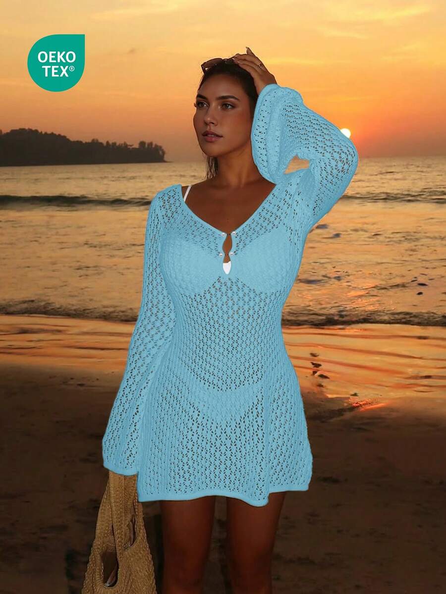 Áo khoác ngoài bikini tay dài khoét eo dành cho nữ, phong cách nghỉ dưỡng bãi biển Bohemian thanh lịch, cổ chữ V, dáng váy mỏng, thích hợp cho kỳ nghỉ hè.