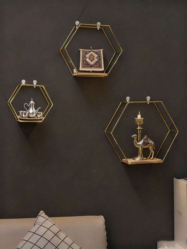 1pc/3pcs Hexagon Floating Shelves, Modern Metal Wall Rack, Simple Wood Partition Storage Shelf, For Bedroom, Living Room, Kitchen And Office, Wall Decor For Home Rooms