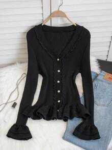 Spring New Black Versatile Knit Cardigan For Women, Ruffle Hem, Long Sleeve, Fitted V-Neck Sweater