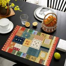 1/4/6件套，复古波西米亚风格餐垫，亚麻餐桌垫，饰有传统灯笼图案，可水洗印花餐垫，表面保护垫，是节日厨房和家庭聚会的理想装饰。 - 彩色 - 查看 3