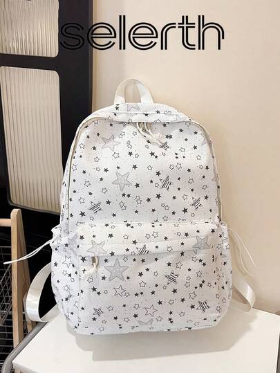 1pc White Nylon Casual Lightweight Star Print Drawstring Multi-Pocket Foldable Water-Resistant Adjustable Strap Backpack, Suitable For High School Students, Versatile For School, Commute, Outdoor Travel, Also As Holiday Gift, Can Hold Books, Pencil Case, Cosmetic Bag, Etc., Suitable For Family, Gift-Giving, Vacation