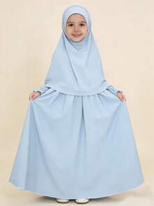 两件套穆斯林女童连衣裙套装 - 长袖纯色连衣裙 + 头巾 - 淺色水洗藍 - 查看 2
