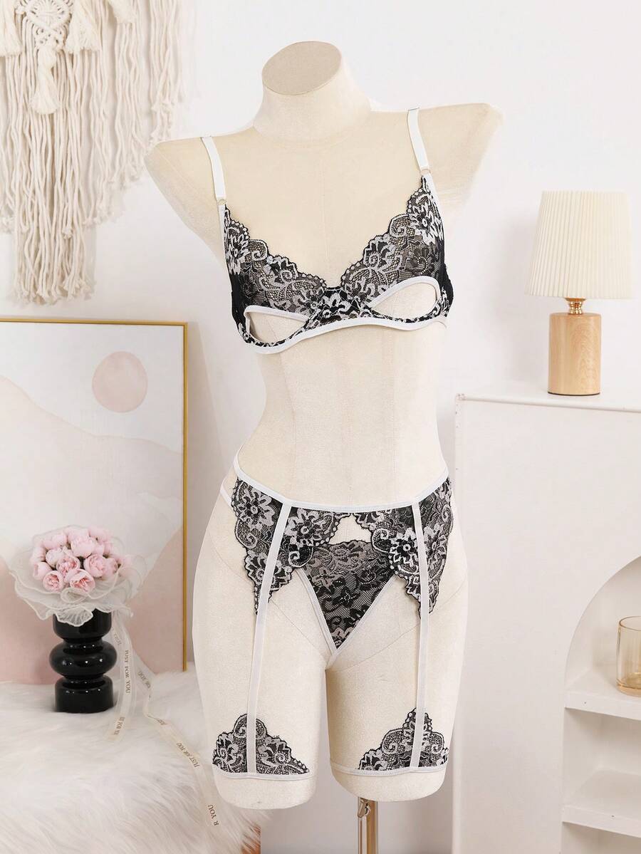 Wild Classic Sexy Lace Patchwork Lingerie Set, Includes Camisole & Thong - Black and White - View 1