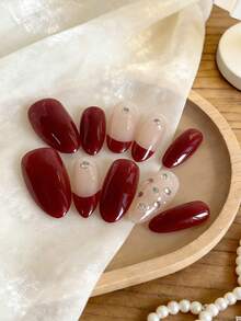 10pcs Valentine's Day Red French Style Short Coffin Nails, Handmade Elegant Red French Manicure With Random Shiny Rhinestones, Removable Nail Art Decals, Ballet Nail Design To Make Fingers Look Slender And Fashionable - Multicolor - View 11