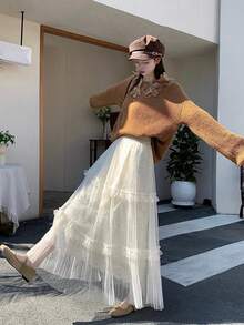 2026 Spring Women's High Waist Slimming Lace Embroidered Pleated Mesh Patchwork A-Line Skirt - Apricot - View 3