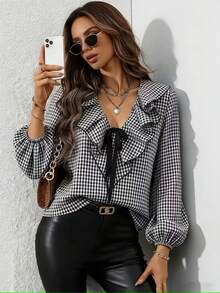 Women's Tie-Up Black & White Plaid Layered Ruffle Collar Blouse, Checkered Shirt Design Suitable For Casual Daily Commute, V-Neck Long Sleeve Loose Fit Spring - Black - View 2