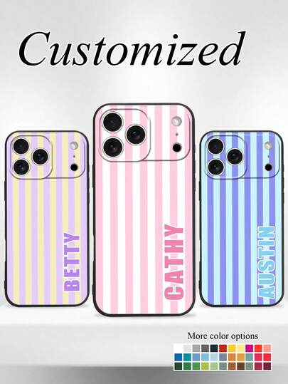 1pc Personalized Custom Pattern Name Striped Texture Black Full Coverage Phone Case, Ideal Gift For Friends, Compatible With IPhone11/12/13/14/15/16/16pro/16plus/17/Air/17pro/17pro Max/25/S25ultra/S25plus/S26/A56/A55/A54/A16/ Moto G85/ Pixel 9 And Other Phone Models, Fashionable, Colorful, Retro, Cute, Minimalist, Fun, Customized, Personalized, Unique
