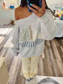 1pcs 3d Pattern Patch Off-Shoulder Long-Sleeved Sweatshirt, Sailboat Pattern, Frayed Edge One-Shoulder Pullover, Spring SummerNew Style, Women's Clothing - Grey - View 2