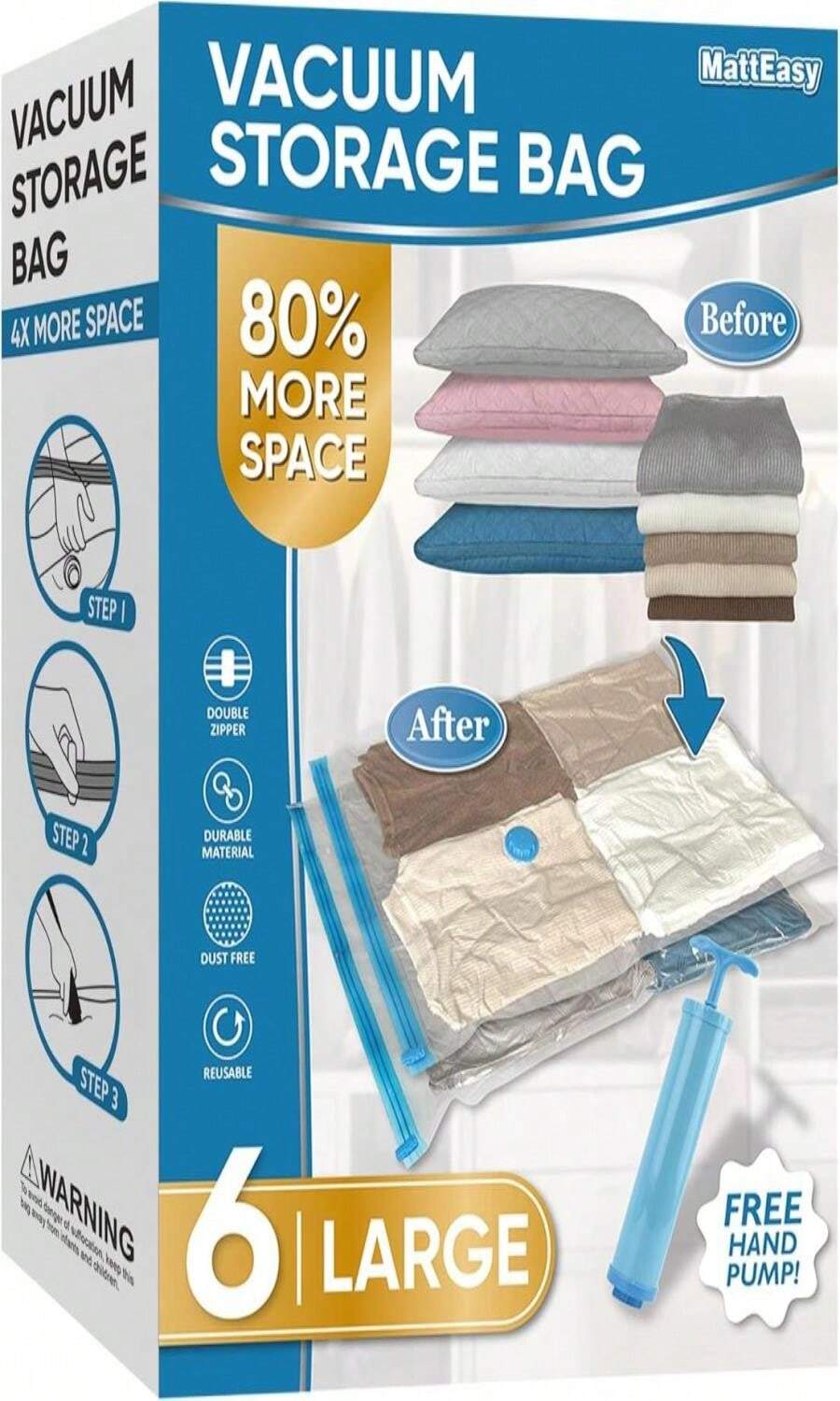 MattEasy Space Saver Vacuum Storage Bags, 6 Pack Combo (2 Jumbo_2 Large_2 Medium) Space Saver Bags With Pump, Storage Vacuum Sealed Bags For Clothes, Comforters, Blankets, Bedding - ColorC - 查看 1