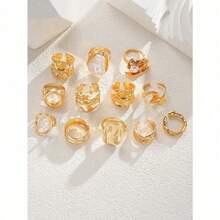 14/12/3pcs Set Asymmetrical Shaped Faux Pearl Flower, Geometric, Liquid, Round, Hollow, Multilayer Metal Textured Rings, Oversized, Chunky, Fashionable, Elegant, Vintage, Suitable For Holiday, Party, Date, Gift, Daily Wear - 黃金 - 查看 14