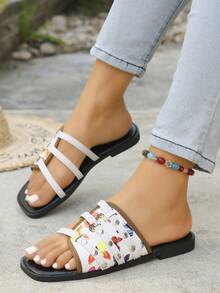 Women's Butterfly Print Rivet Decor Open Toe Slip-On Flat Sandals, Casual Fashion Summer, Printed Fabric & PU Leather Personalized Slippers - White - View 5