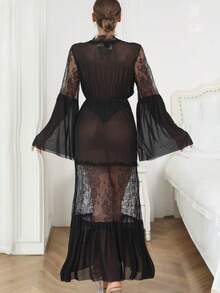 Womens Mesh Swimsuit Coverup Lace Embroidered Long Beach Cover Ups Flare Long Sleeve Tie Front Summer Cardigan - 黑色 - 查看 2