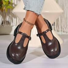 Retro British Style Mary Jane Shoes, Women's T-Strap Thick Heel Round Toe Slip-On Commuter Shoes - Brown - View 7
