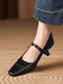 5厘米方头铆钉低鞋面单带复古细跟通勤玛丽珍鞋 - 黑色 - 查看 6