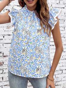 Women's Summer Pink & Multi-Color Abstract Print High Neck Ruffle Sleeve Blouse - Blue - View 8