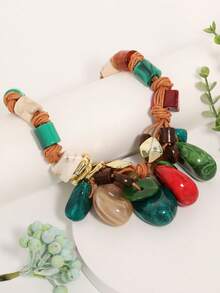 Retro Brown Rope Necklace, Contrasting Textured Stone Decor Minimalist Clavicle Chain, Lightweight Elegant Mori Style Necklace - Water Drop Pendant - View 4