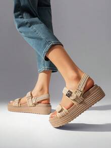 Women's Arch Support 1.61-Inch Platform Wedge Sandals Comfortable Open Toe Casual Dressy With Adjustable Straps PP Straw Shoe Upper For Beach Vocation Flat Summer Apricot Sandals - Màu be - Xem 2