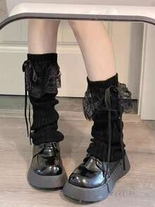 1 Pair Ballet-Style Lace Bow Knitted Leg Warmers, Japanese Sweet Girl Ribbon White Thigh High Leg Warmers, Y2K Subculture Plaid Slim Long Leg Warmers