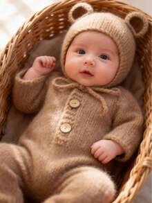 新生儿摄影道具，男女宝宝服装，柔软马海毛熊耳朵帽和连体衣，婴儿摄影服装套装，婴儿派对复活节礼物，男女宝宝用品