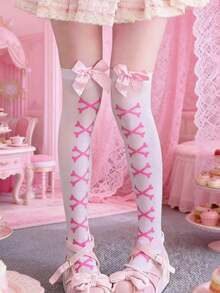 1pc Women's Solid Color Over-The-Knee Socks With Bow Decor, Y2K Lolita Style Socks, Non-Slip And Stay-Up, Cute Pantyhose Suitable For Lolita Tea Party - 1 Pair Of White-based Pink Shoes - View 2