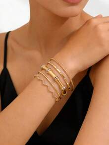 5pcs Minimalist Alloy Bamboo Knot Rhinestone Inlaid Multi-Layer Thin Bangle Bracelet Set, Versatile Stacking - Yellow Gold - View 2