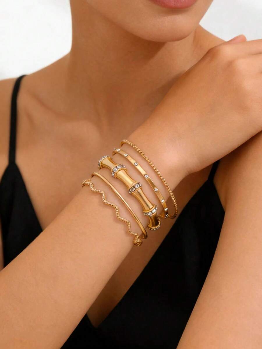5件套极简合金竹结水钻镶嵌多层细手镯套装，百搭叠戴 - 金黃色 - 查看 1