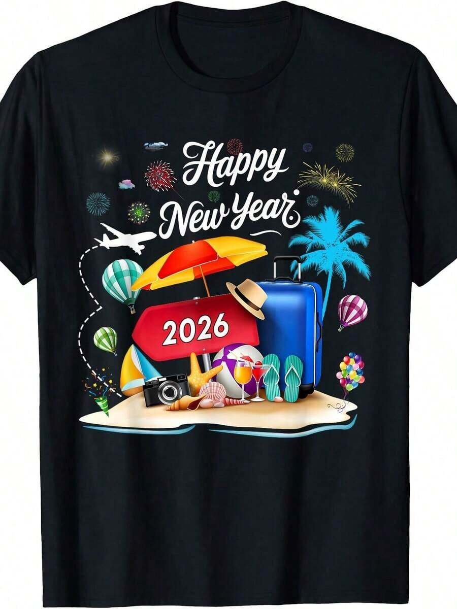 Fiesta de Año Nuevo 2026 Camiseta Personalizada de Vacaciones para Familia - Negro - Ver 1